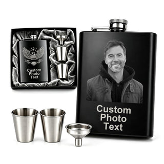Personalized Photo Flask Custom Engraved Stainless Steel Liquor Flask 8oz Unique Gift Men Husband Dad Groomsmen Wedding Birthday Anniversary Fathers Day (Custom Design)