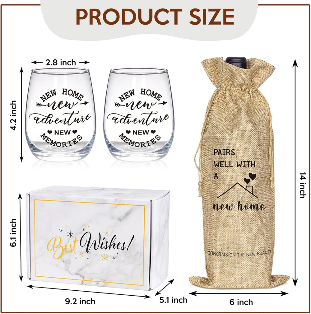 House Warming Gifts New Home, Housewarming Baskets Stemless Wine Glass & Bottle Bag Set for Newlywed Couple, Women, Friends, New Homeowner, Unique Closing Gift for Home Buyers, Clients
