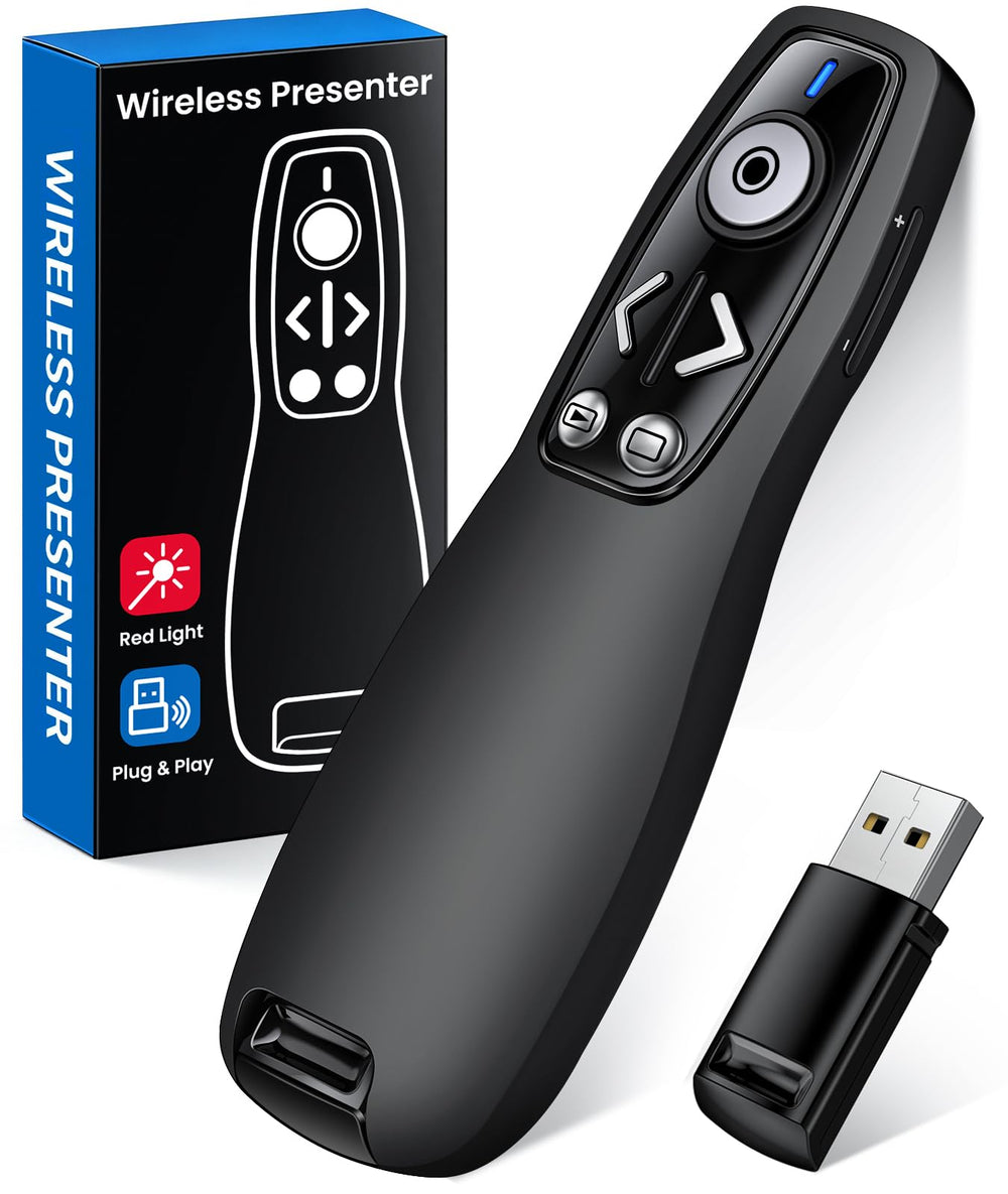 Presentation Clicker with USB-A & USB-C Receiver, 2.4GHz Wireless Presenter Remote with Volume Control & Red Light Pointer, Clicker for PowerPoint Slides Slide Advancer for Mac Computer, Plug & Play