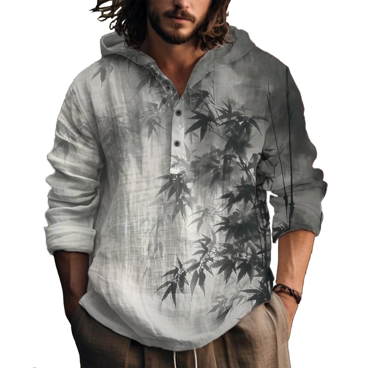 MARSVOVO Hooded Long Sleeve Shirt Men Fashion Graphic Button Up Lightweight Big and Tall Casual Vacation Shirts for Men