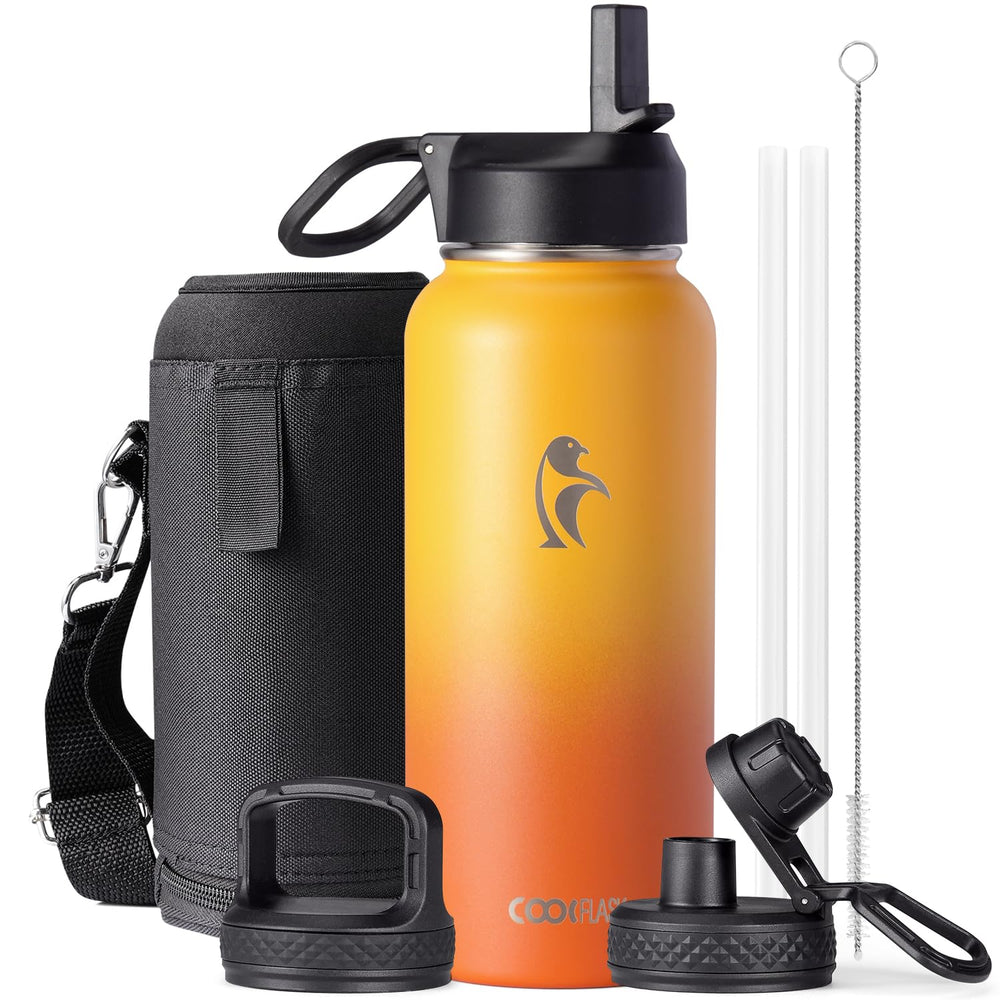 Water Bottle 40 oz Insulated with Straw&Brush, Coolflask Vaccum Stainless Steel Metal 3 Lids Water Flask for Sports, Gym or Office, Keep Cold 48H Hot 24H, Magic Black