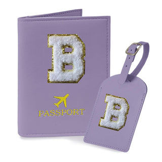 COSHAYSOO Purple Passport Cover Holder and Initial Luggage Tag Set TSA Approved with Personalized Monogram Chenille Letter Patch for Women Teen Girls, Cute Travel Bag Suitcase Identifier (A)