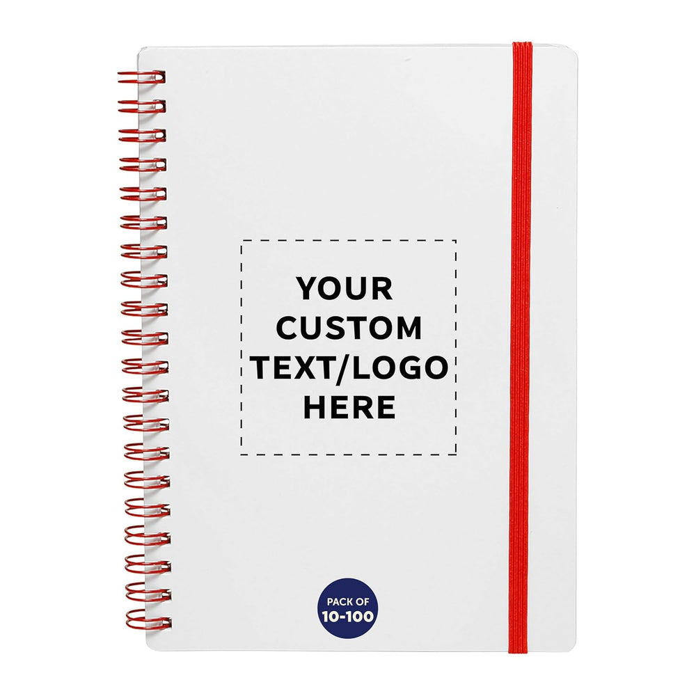 DISCOUNT PROMOS Personalized Custom White Spiral Notebook with Elastic Band Pack – 10/50/100 Pack, Customizable Text & Logo, 80 Lined Pages, Recycled Paper – Red