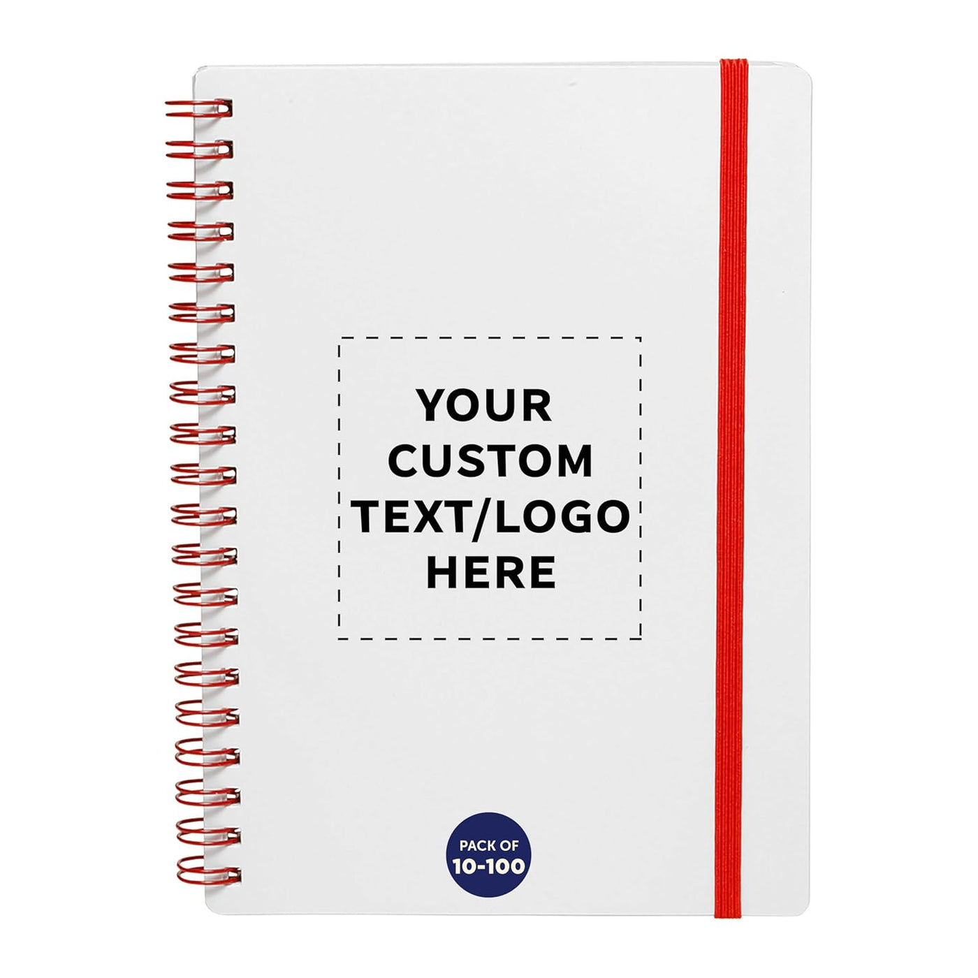 DISCOUNT PROMOS Personalized Custom White Spiral Notebook with Elastic Band Pack – 10/50/100 Pack, Customizable Text & Logo, 80 Lined Pages, Recycled Paper – Red