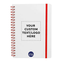 DISCOUNT PROMOS Personalized Custom White Spiral Notebook with Elastic Band Pack – 10/50/100 Pack, Customizable Text & Logo, 80 Lined Pages, Recycled Paper – Red