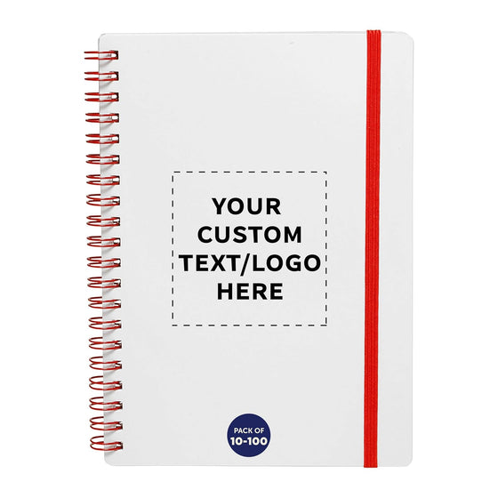 DISCOUNT PROMOS Personalized Custom White Spiral Notebook with Elastic Band Pack – 10/50/100 Pack, Customizable Text & Logo, 80 Lined Pages, Recycled Paper – Red