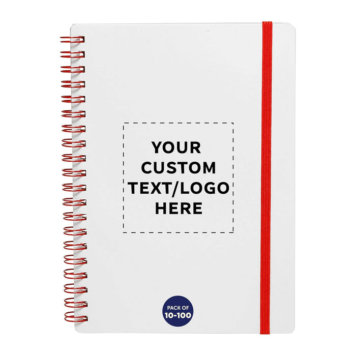 DISCOUNT PROMOS Personalized Custom White Spiral Notebook with Elastic Band Pack – 10/50/100 Pack, Customizable Text & Logo, 80 Lined Pages, Recycled Paper – Red