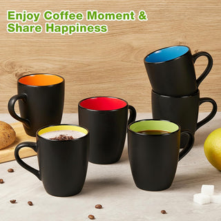 Qipecedm 6 Pack Porcelain Coffee Mugs Set, 12 Ounces Ceramic Coffee Mugs, Matte Black Coffee Mug, Restaurant Cups for Coffee, Tea, Cappuccino, Cocoa, Cereal, Black outside and Colorful inside