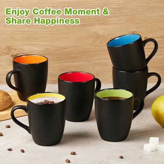 Qipecedm 6 Pack Porcelain Coffee Mugs Set, 12 Ounces Ceramic Coffee Mugs, Matte Black Coffee Mug, Restaurant Cups for Coffee, Tea, Cappuccino, Cocoa, Cereal, Black outside and Colorful inside - hover image