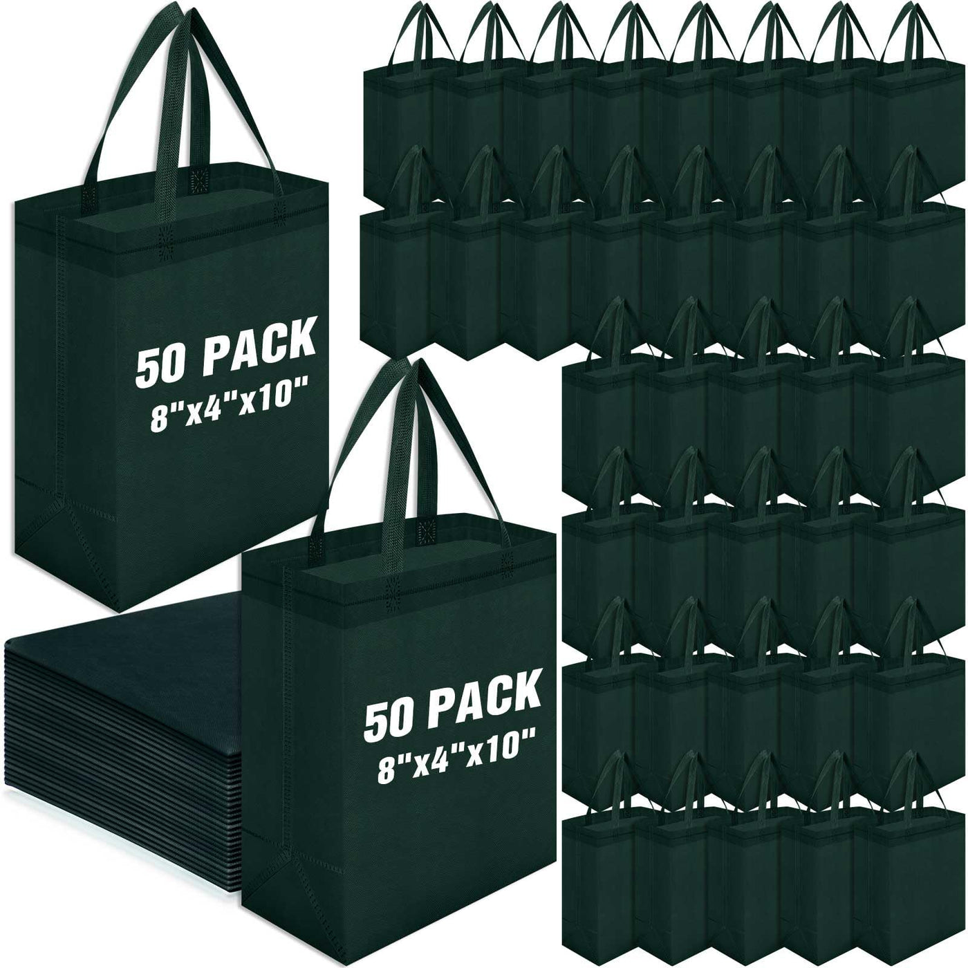 Windyun 50 Pcs Reusable Tote Bag Bulk 8 x 4 x 10 Inch Non Woven Shopping Bag with Handle Reusable Portable Grocery Gift Tote (Black)