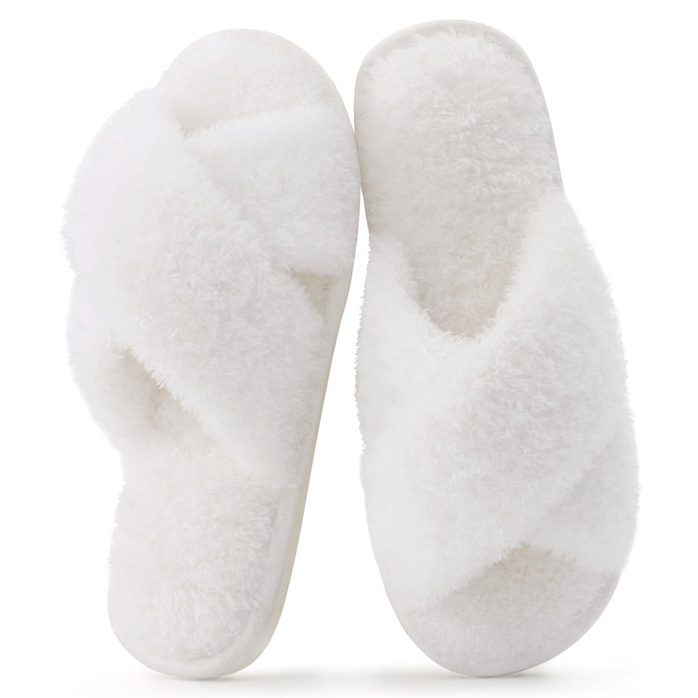 Evshine Women's Fuzzy Slippers Cross Band Memory Foam House Slippers Open Toe