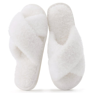 Evshine Women's Fuzzy Slippers Cross Band Memory Foam House Slippers Open Toe