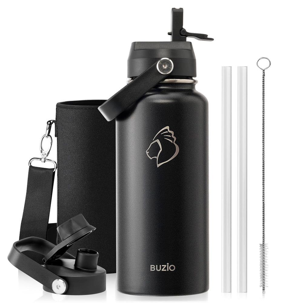 BUZIO 40oz Insulated Water Bottle, Triple Wall Vacuum Stainless Steel Water Flask with 2 lids, Lead-Free BPA-Free Straw Lid Sports Canteen Jug, Cold 48H & Hot 24H- Black