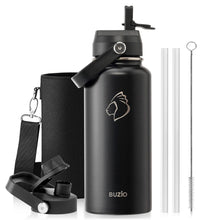 BUZIO 40oz Insulated Water Bottle, Triple Wall Vacuum Stainless Steel Water Flask with 2 lids, Lead-Free BPA-Free Straw Lid Sports Canteen Jug, Cold 48H & Hot 24H- Black