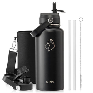BUZIO 40oz Insulated Water Bottle, Triple Wall Vacuum Stainless Steel Water Flask with 2 lids, Lead-Free BPA-Free Straw Lid Sports Canteen Jug, Cold 48H & Hot 24H- Black