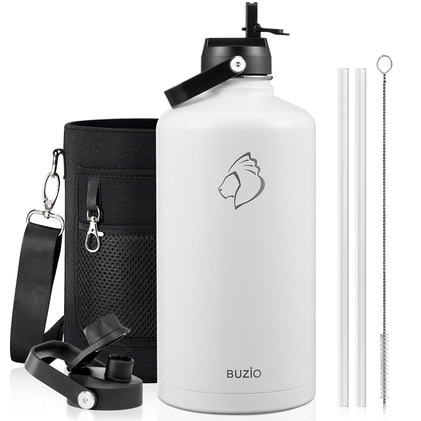 BUZIO 40oz Insulated Water Bottle, Triple Wall Vacuum Stainless Steel Water Flask with 2 lids, Lead-Free BPA-Free Straw Lid Sports Canteen Jug, Cold 48H & Hot 24H- Black