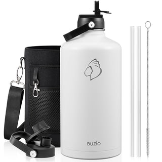 BUZIO 40oz Insulated Water Bottle, Triple Wall Vacuum Stainless Steel Water Flask with 2 lids, Lead-Free BPA-Free Straw Lid Sports Canteen Jug, Cold 48H & Hot 24H- Black