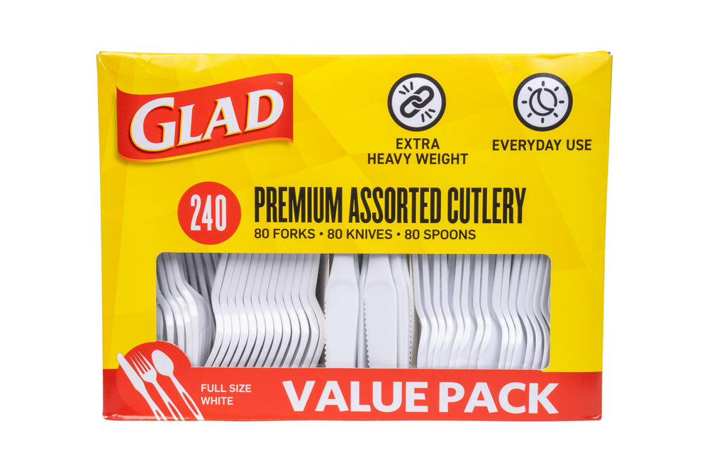Glad Clear Disposable Cutlery Set with Heavy Duty Plastic Forks, Knives, and Spoons, Reusable Dishwasher Safe Plastic Utensils for Parties and Everyday Use, 240 Count