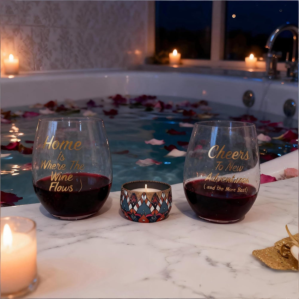 New Home Wine Glasses Set of 2 with Candle - Cheers To New Adventures & Home is Where The Wine Flows Stemless Red Wine Glass Gift Set for Homeowners, Housewarming Gift with Box