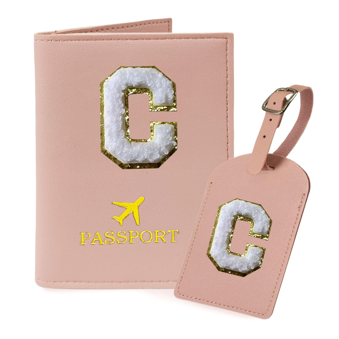 COSHAYSOO Purple Passport Cover Holder and Initial Luggage Tag Set TSA Approved with Personalized Monogram Chenille Letter Patch for Women Teen Girls, Cute Travel Bag Suitcase Identifier (A)