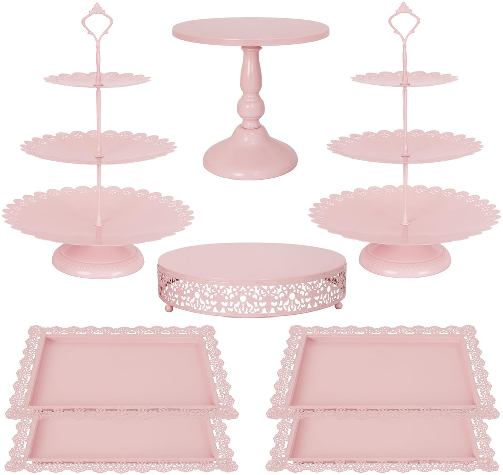 Fivenl 8 Pcs Cake Stand Gold Metal Dessert Table Display Set, 3-Tier Cupcake Stand, Cake Display Tower and Cookie Tray Rack Serving Tray for Birthday Party, Weddings, Baby Shower (Gold)