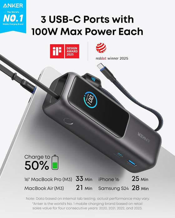 Anker Laptop Power Bank,25,000mAh Portable Charger with 165W Total Output,3 USB-C Ports (100W Max Each),Built-in Retractable Cables,Flight-Ready,for iPhone 17/16 Series,MacBook,Samsung,and More - hover image