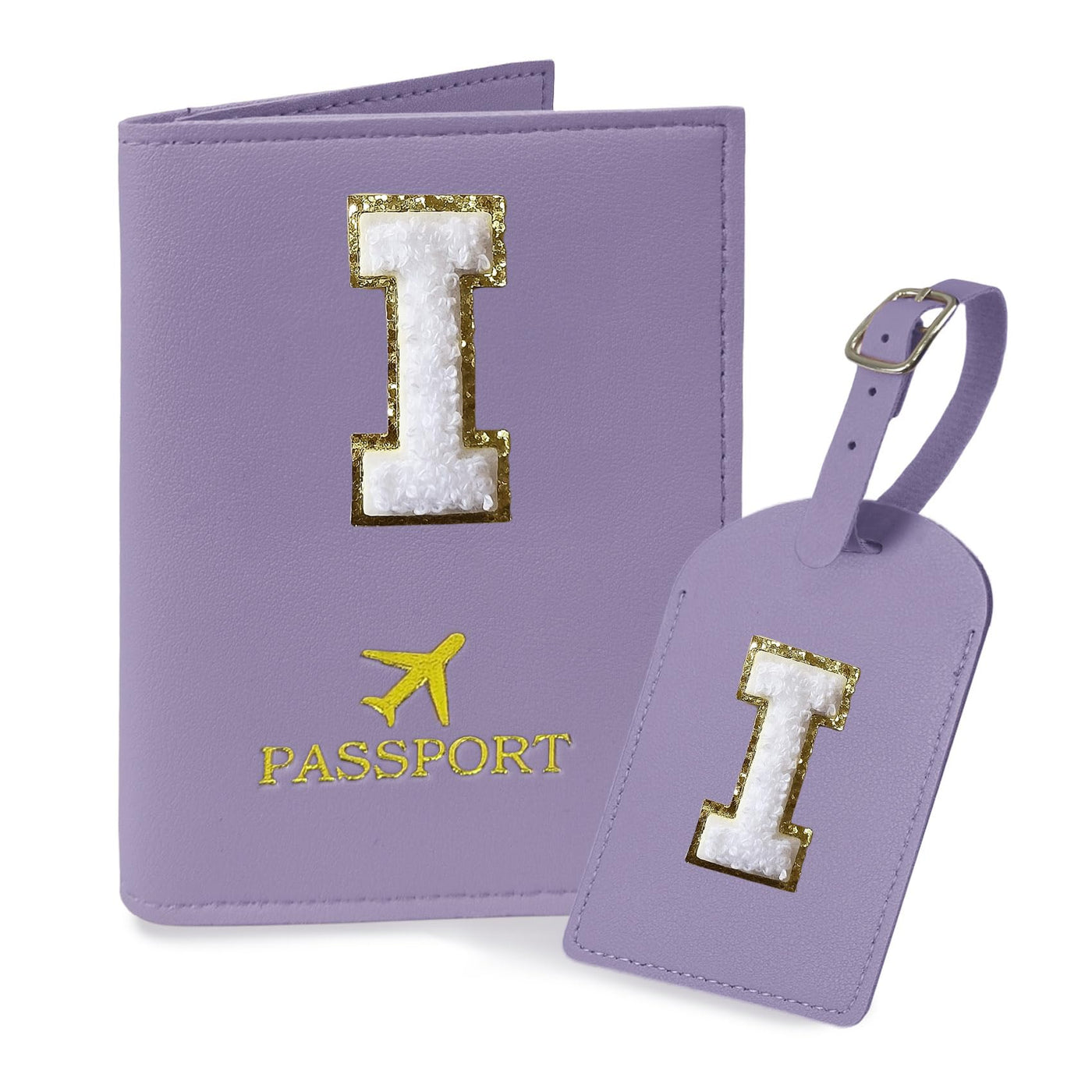 COSHAYSOO Purple Passport Cover Holder and Initial Luggage Tag Set TSA Approved with Personalized Monogram Chenille Letter Patch for Women Teen Girls, Cute Travel Bag Suitcase Identifier (A)