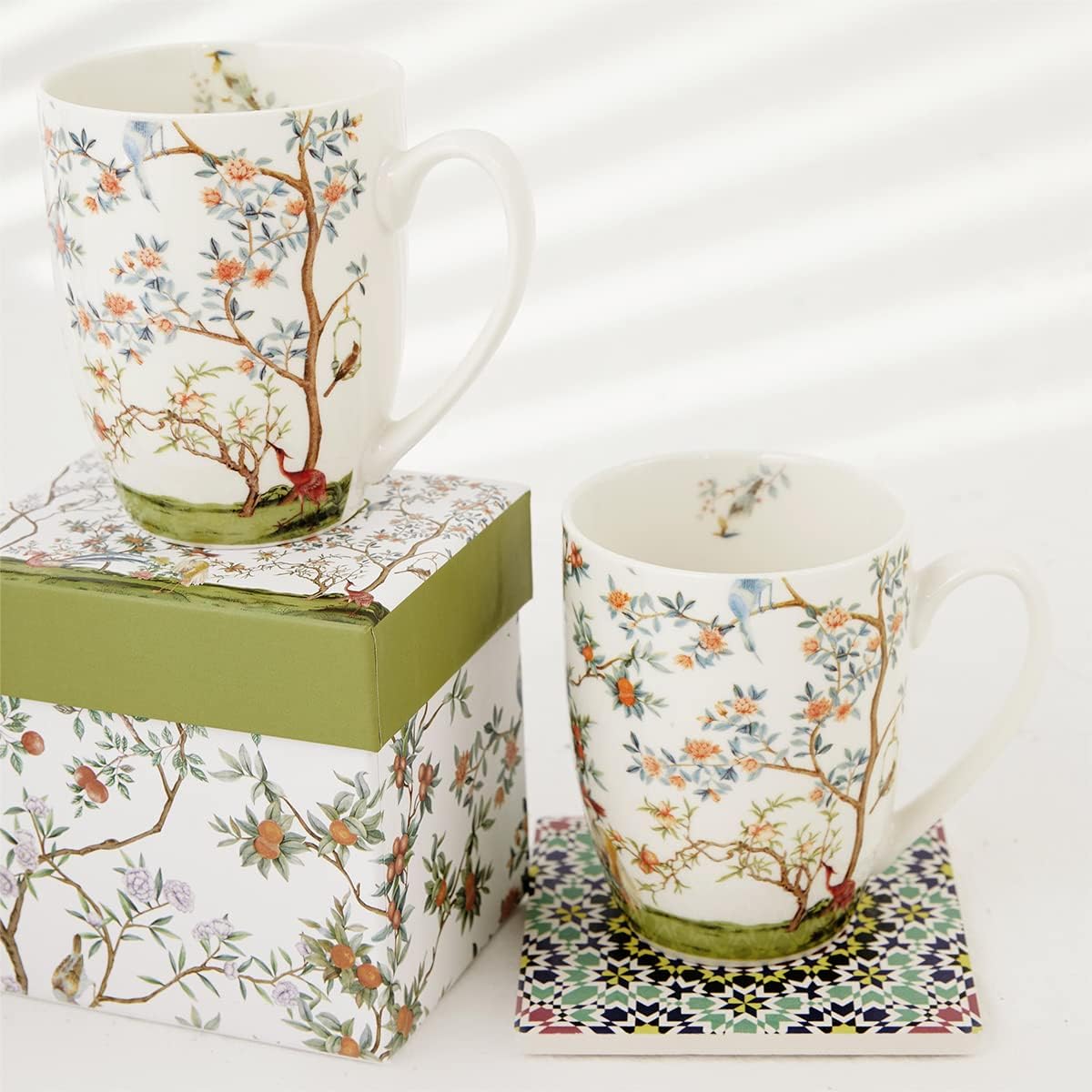 ALYC Fine China Coffee Mug Set – Bird and Branch Flower Teacup Design – 2Pack Porcelain Tea Cups with Gift Box (Bullet 12OZ)