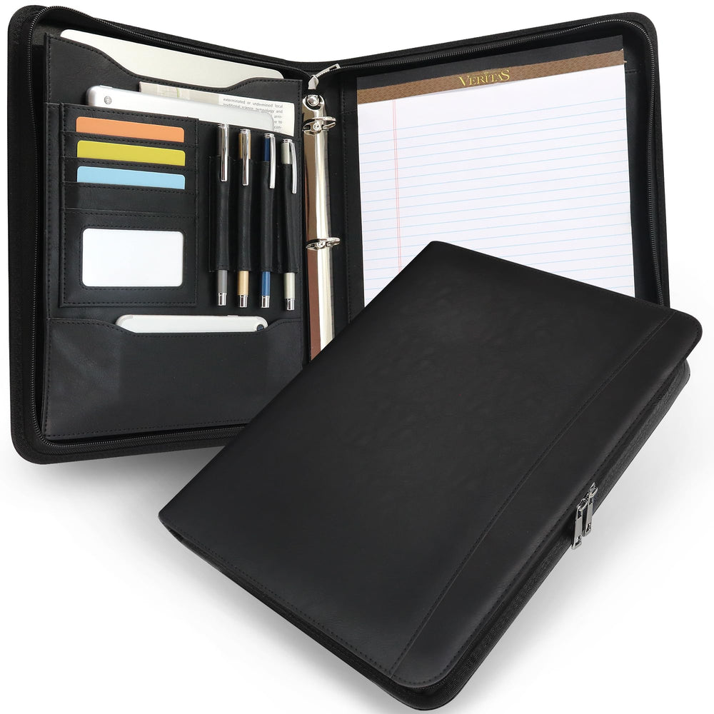 Embossed Faux Leather Zippered Padfolio with 3 Ring Binder, Executive Portfolio Organizer Binder for Women, Fits 13.9" Laptop/Tablet, Refillable Writing Pad Pocket, Green