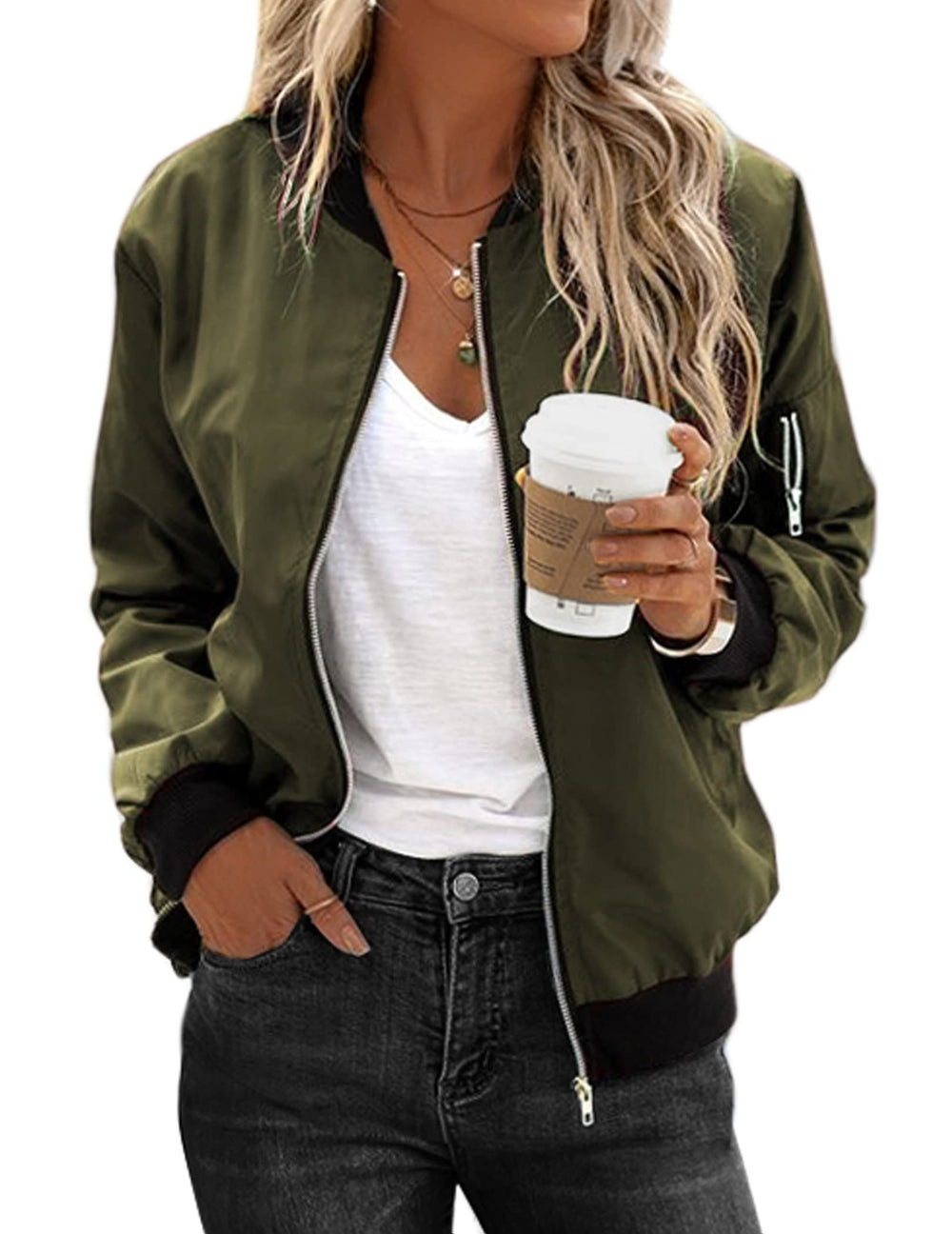 Zeagoo Women's Bomber Jacket Casual Coat Zip Up Spring Fall Clothes with Pockets S-XXL