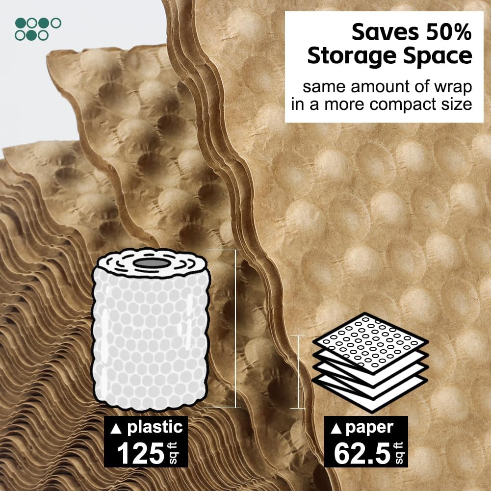 Paper Bubble Wrap Sheets for Packing 15" x 12” x 50 FT Bubble Wrap for Moving,Packing,Shipping, Recyclable Packing Paper for Glass,Dishes, Biodegradable Cushioning Wrap with 24 Fragile Stickers