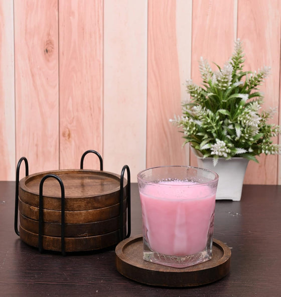 SAMHITA Mango Wood Coasters for Drinks with Iron Holder Stand Set of 5 for Drinking Glasses, Tabletop Protection for Any Table Type - hover image