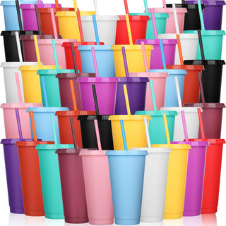Honeydak 15 Pack Tumbler with Straw and Lid Bulk Cups for Gifts Water Bottle Iced Coffee Travel Mug Cup Reusable Plastic Tumblers for Party Birthdays 24-27 oz (Solid Color)