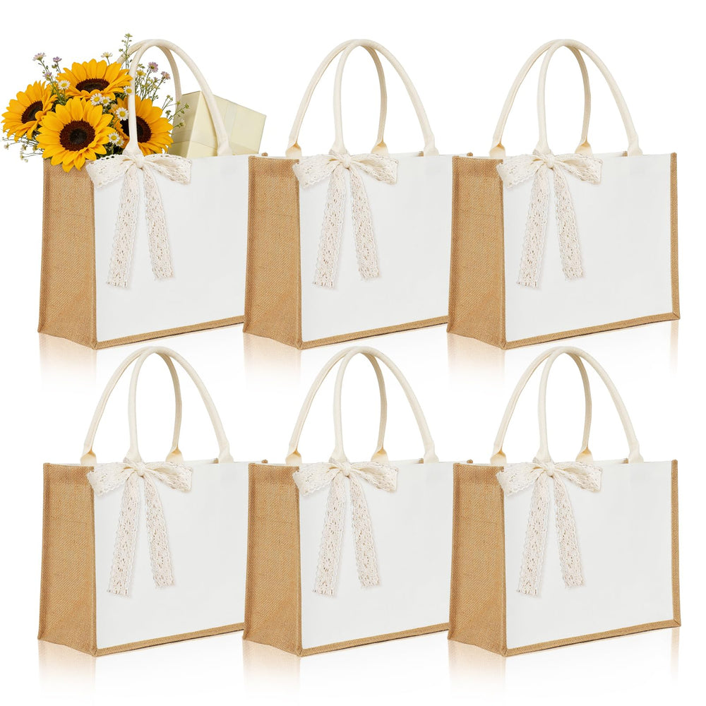 Small 6pcs Burlap Tote Bag Set with Handles, 11*9.45*3.94 Inch Waterproof Reusable Blank Grocery Bags with Ribbon Large Jute Tote for Women Bridesmaid Gift Beach Shopping Wedding Travel DIY