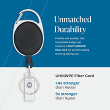 Will Well ID Badge Holders with Clip and Keyring - Vertical Clear Plastic 2.52" x 3.58" Sleeves Fit Up to 3 Cards - Retractable 24" UHMWPE Fiber Pull Cords for Easy Access - 2-Pack, Black Reels