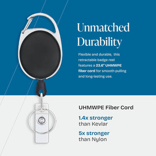 Will Well ID Badge Holders with Clip and Keyring - Vertical Clear Plastic 2.52" x 3.58" Sleeves Fit Up to 3 Cards - Retractable 24" UHMWPE Fiber Pull Cords for Easy Access - 2-Pack, Black Reels