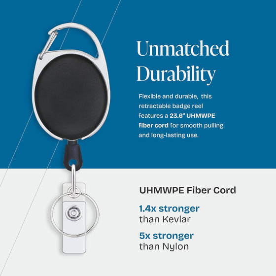 Will Well ID Badge Holders with Clip and Keyring - Vertical Clear Plastic 2.52" x 3.58" Sleeves Fit Up to 3 Cards - Retractable 24" UHMWPE Fiber Pull Cords for Easy Access - 2-Pack, Black Reels - hover image