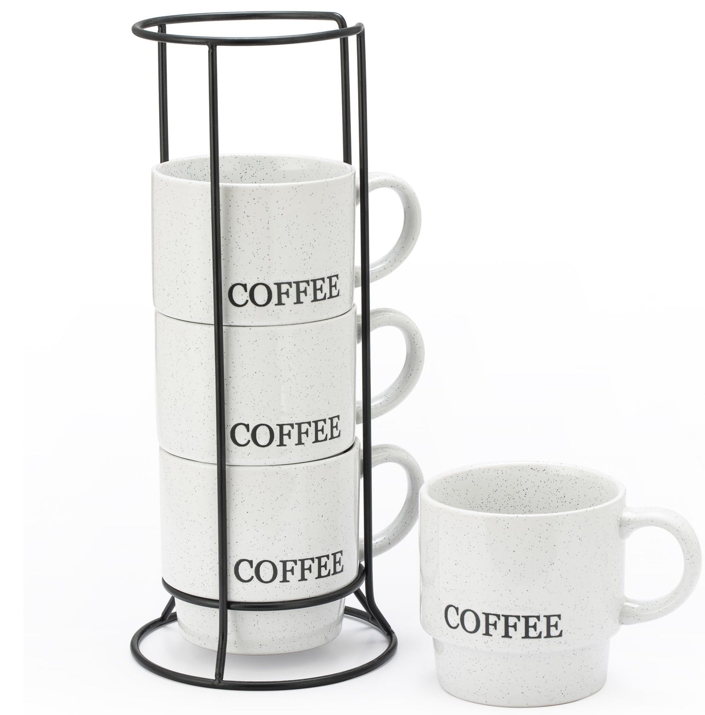 Signature Housewares Stackable Coffee Mug Tower Set with Metal Wire Rack - 15 Ounce Coffee Mugs for Coffee, Tea, Cocoa, Milk, Cappuccino, Hot Chocolate Set of 4 - Be Happy Matte Black