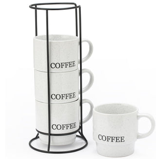 Signature Housewares Stackable Coffee Mug Tower Set with Metal Wire Rack - 15 Ounce Coffee Mugs for Coffee, Tea, Cocoa, Milk, Cappuccino, Hot Chocolate Set of 4 - Be Happy Matte Black