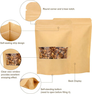 Blisstime 50 Pack Kraft Paper Stand Up Pouch Bags, Resealable Bag with Transparent Window and Tear Notch for Multipurpose Storage (5.5 X 7.9 Inches)