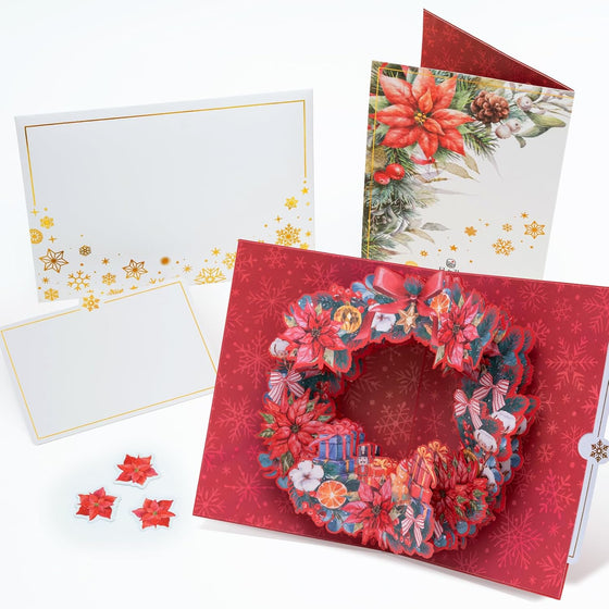 HIBINO 3D Pop-Up Christmas Wreath Card | With Slide-Out Message Note | Handcrafted Holiday Greeting Card | Perfect for Christmas, Holiday Wishes & Winter Greetings | Designed in Japan