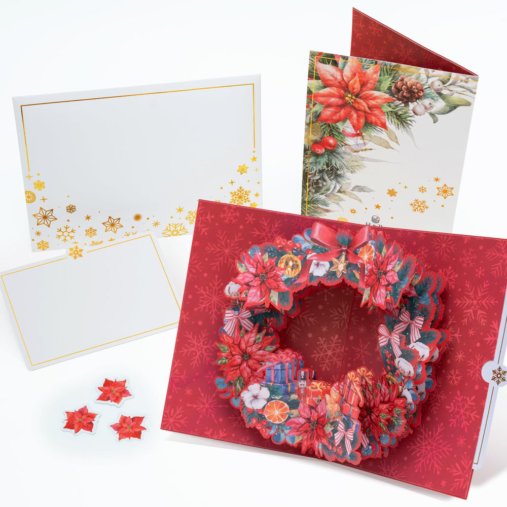 HIBINO 3D Pop-Up Christmas Wreath Card | With Slide-Out Message Note | Handcrafted Holiday Greeting Card | Perfect for Christmas, Holiday Wishes & Winter Greetings | Designed in Japan