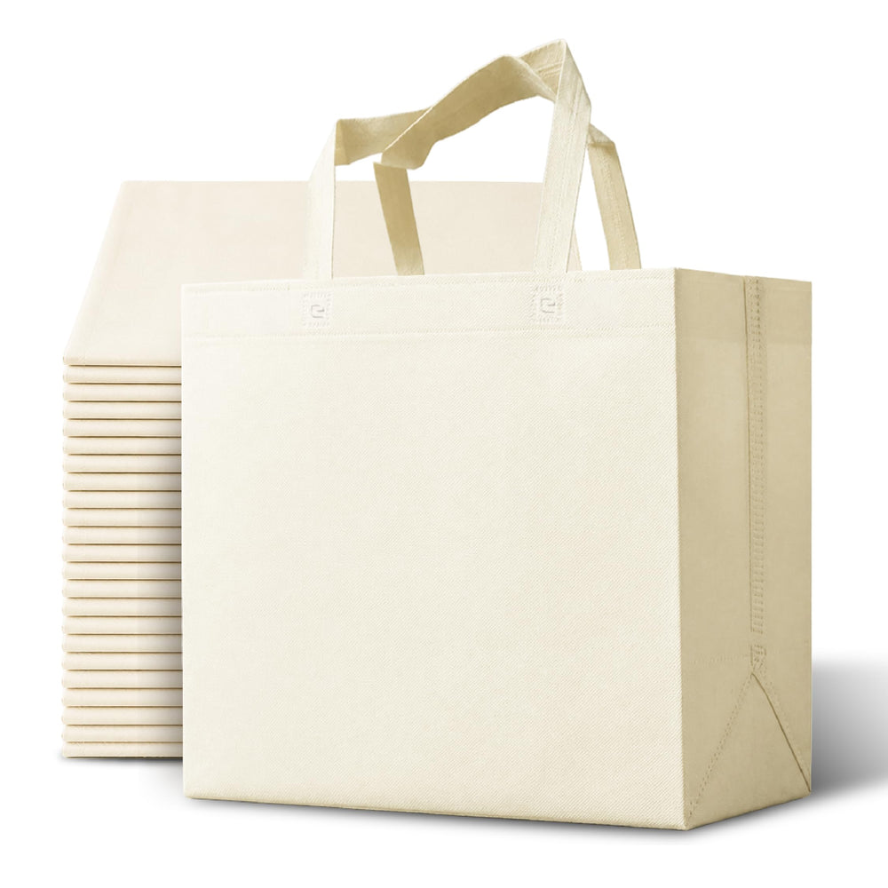 Bagways 30 PACK Reusable Grocery Bags with Handles, Durable, Foldable, Washable Eco-Friendly Shopping Totes, 14x6.5x14 Inch, Beige/Green Eco Doodles Design