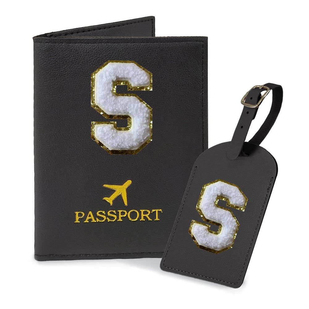 COSHAYSOO Purple Passport Cover Holder and Initial Luggage Tag Set TSA Approved with Personalized Monogram Chenille Letter Patch for Women Teen Girls, Cute Travel Bag Suitcase Identifier (A)