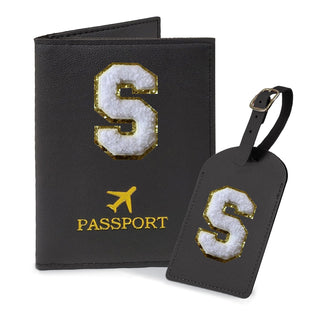 COSHAYSOO Purple Passport Cover Holder and Initial Luggage Tag Set TSA Approved with Personalized Monogram Chenille Letter Patch for Women Teen Girls, Cute Travel Bag Suitcase Identifier (A)
