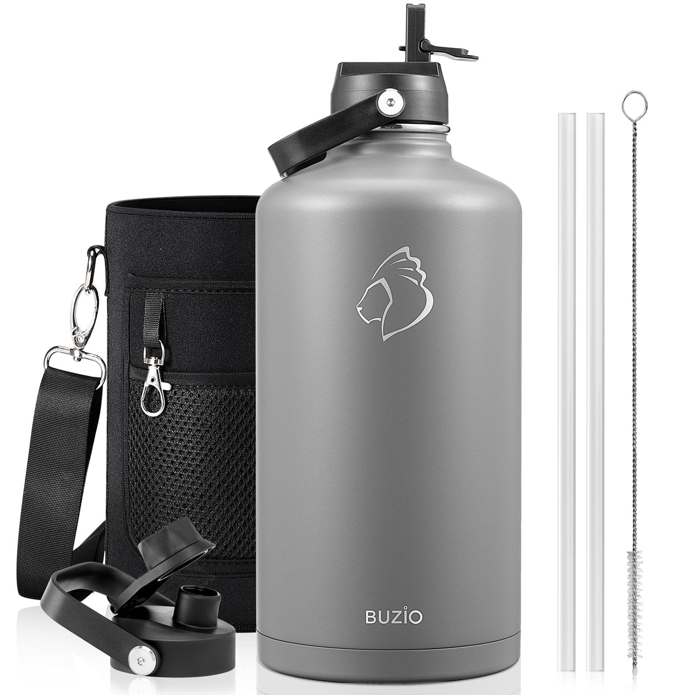 BUZIO 40oz Insulated Water Bottle, Triple Wall Vacuum Stainless Steel Water Flask with 2 lids, Lead-Free BPA-Free Straw Lid Sports Canteen Jug, Cold 48H & Hot 24H- Black
