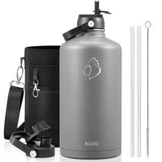 BUZIO 40oz Insulated Water Bottle, Triple Wall Vacuum Stainless Steel Water Flask with 2 lids, Lead-Free BPA-Free Straw Lid Sports Canteen Jug, Cold 48H & Hot 24H- Black