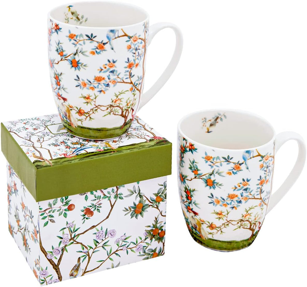 ALYC Fine China Coffee Mug Set – Bird and Branch Flower Teacup Design – 2Pack Porcelain Tea Cups with Gift Box (Bullet 12OZ)