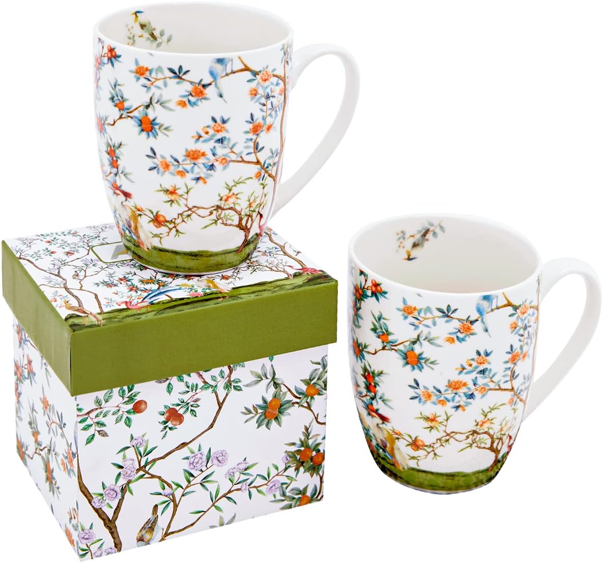ALYC Fine China Coffee Mug Set – Bird and Branch Flower Teacup Design – 2Pack Porcelain Tea Cups with Gift Box (Bullet 12OZ)