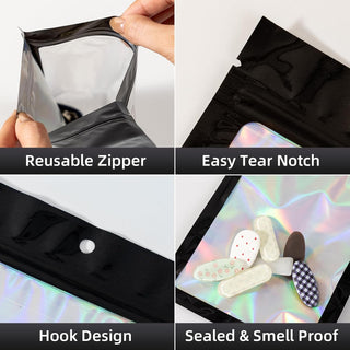 50Pcs Black Holographic Mylar Bags, 5.5x7.8 inch Resealable Foil Zipper Pouches for Gummies, Party Favors, Small Business Packaging